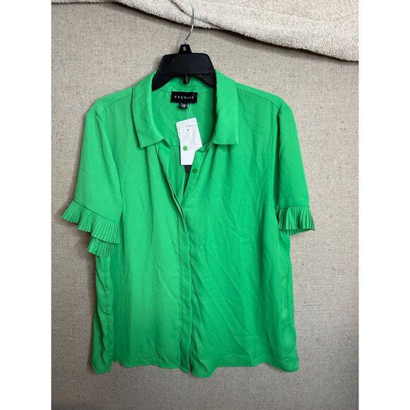 Premise Tops - Premise Green Blouse Top Shirt Pleated Sleeves Button Front Dress Career Sz XL